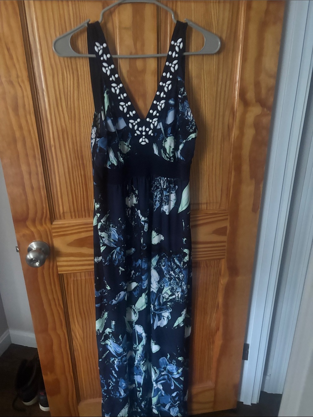 Style & Co. Navy Floral Maxi Dress with White Embellished V-Neck